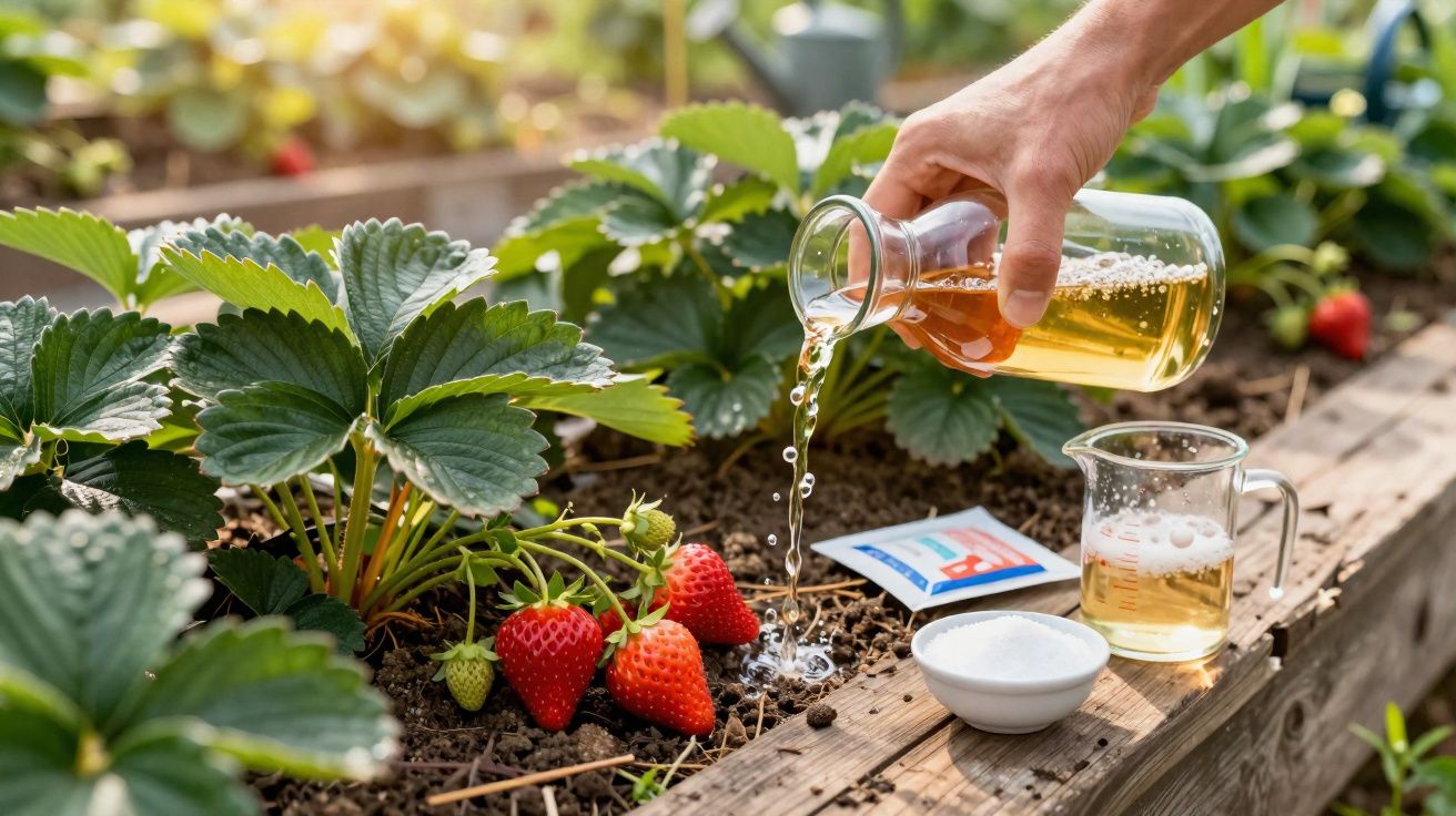 Mão a regar terra perto de morangos em planta, com medidores e açúcar na bancada de madeira.