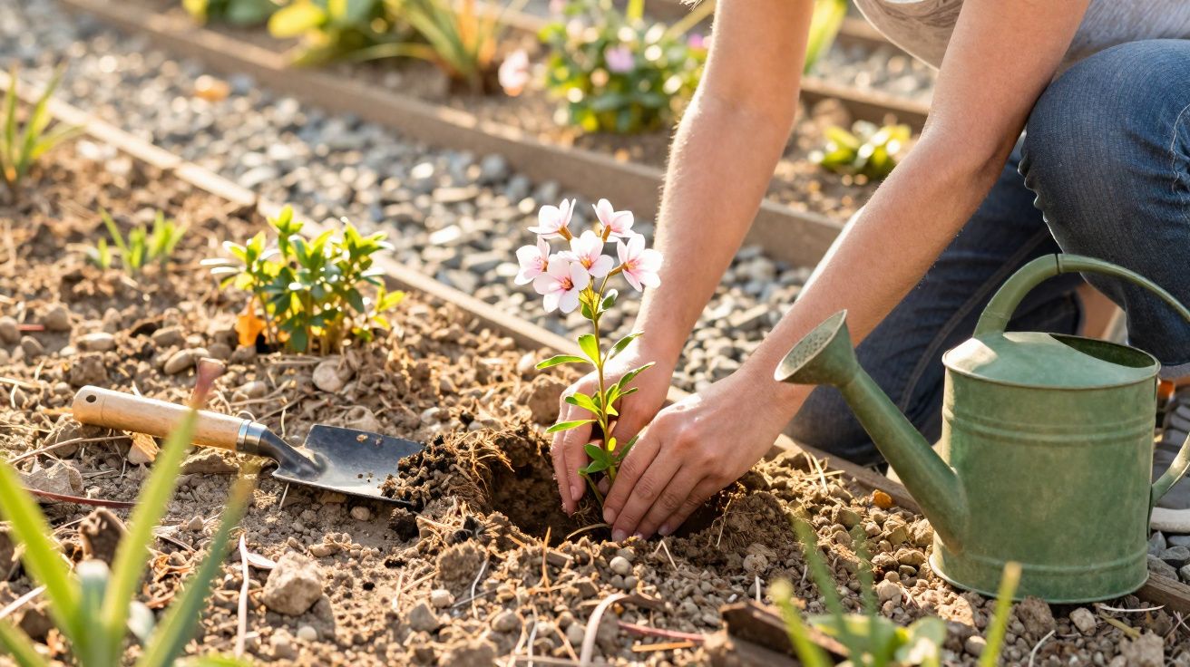 Pessoa a plantar flor branca num jardim com regador e enxada ao lado, em terreno com pedras.