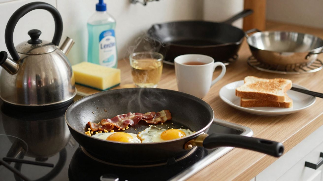 Frigideira com ovos estrelados e bacon a cozinhar, chávena de chá, copo de sumo e tostas numa cozinha.
