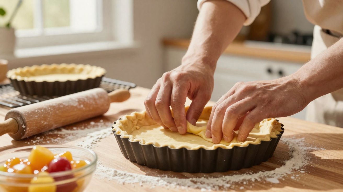 Pessoa a preparar a massa de uma tarte numa cozinha com utensílios de pastelaria à volta.