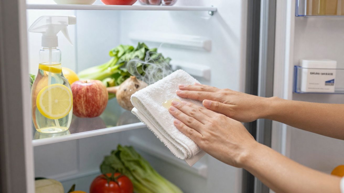 Pessoa a limpar o interior do frigorífico com um pano branco e spray caseiro de limão.