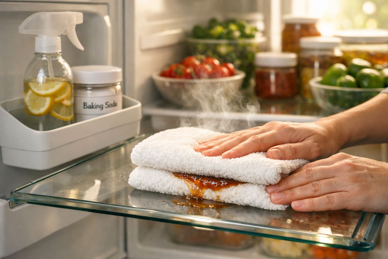 Mãos a limpar líquido quente derramado no interior de um frigorífico com uma toalha branca.