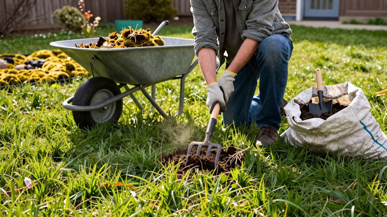Pessoa a arrancar ervas daninhas num jardim com ancinho, carrinho de mão e saco de terra junto.