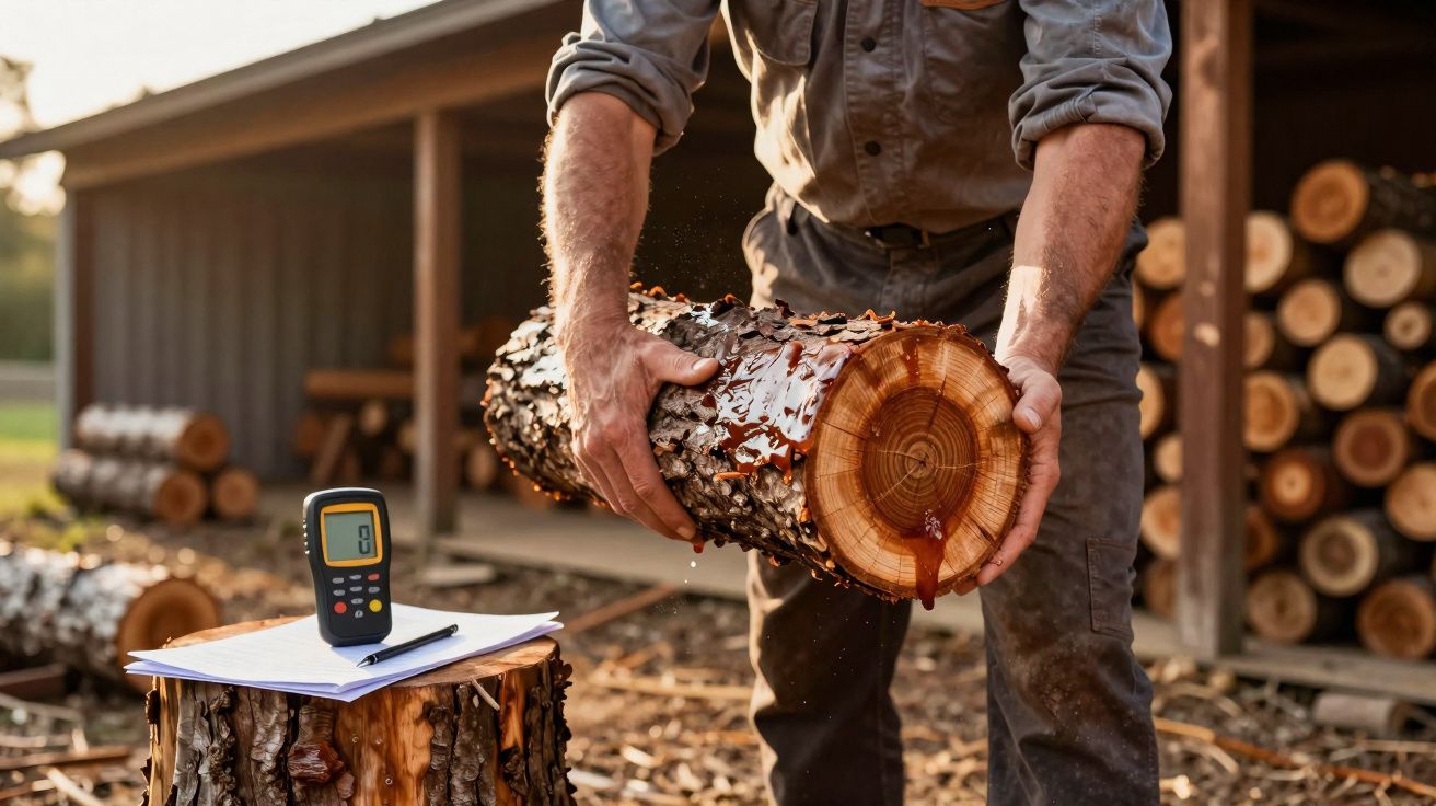 Homem a segurar tronco com resina fresca, ao lado de medidor e bloco de notas sobre tronco cortado.