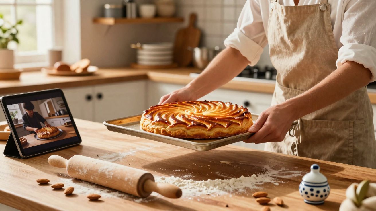 Pessoa segura tabuleiro com tarte acabada de fazer numa cozinha com tablet a mostrar receita na bancada com farinha e rolo.