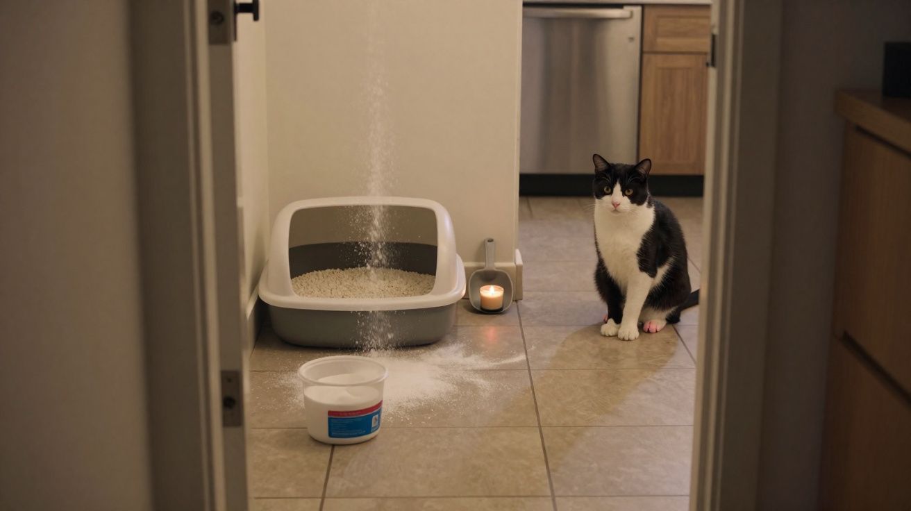 Gato preto e branco sentado ao lado de uma caixa de areia enquanto areia cai no chão.