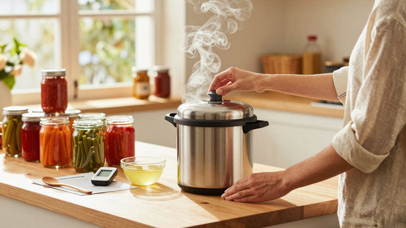 Pessoa a levantar tampa de panela a vapor com frascos de conservas em bancada de cozinha iluminada.