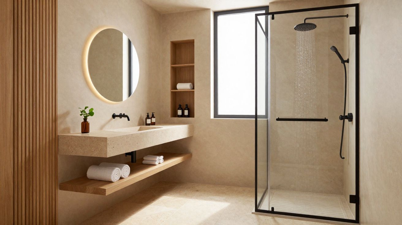 Casa de banho moderna minimalista com chuveiro de vidro, pia suspensa e espelho redondo iluminado.