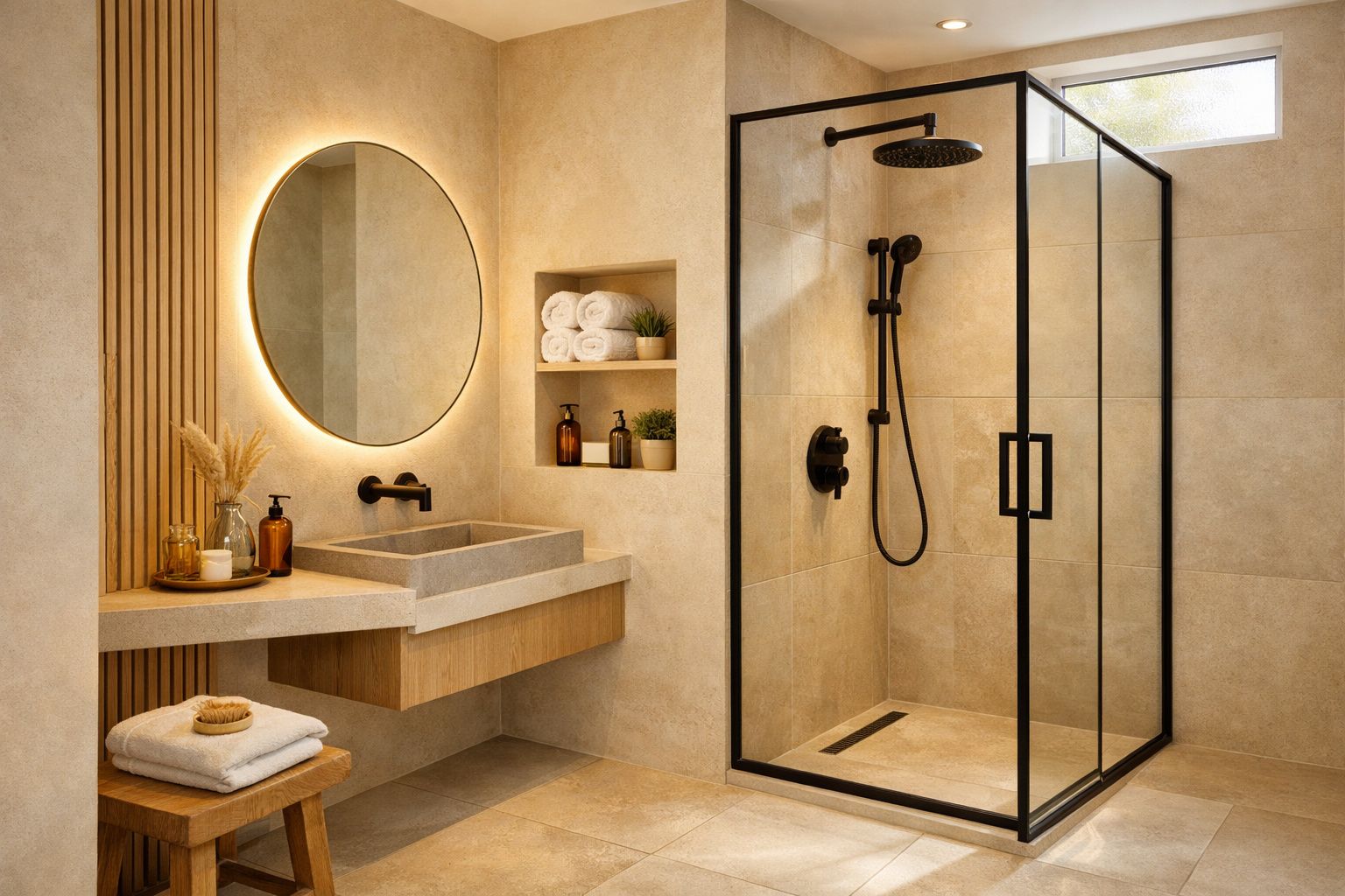 Casa de banho moderna com base de duche de vidro, lavatório retangular e espelho redondo iluminado.