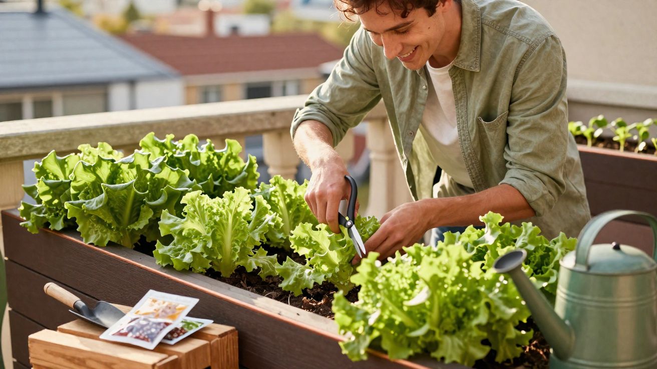 Homem a colher alface em horta urbana num terraço ensolarado com ferramentas de jardinagem.