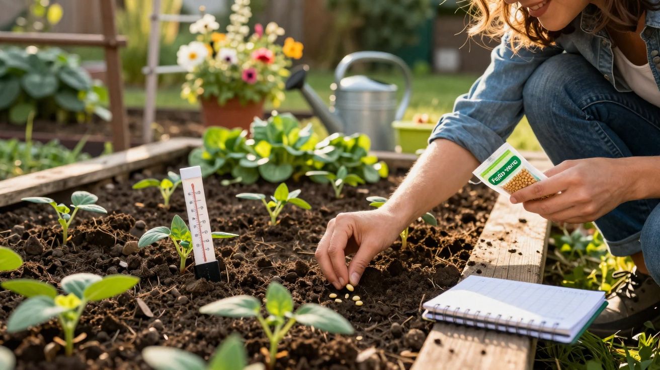 Pessoa a semear sementes num canteiro de jardim com plantas e termómetro de solo visível.