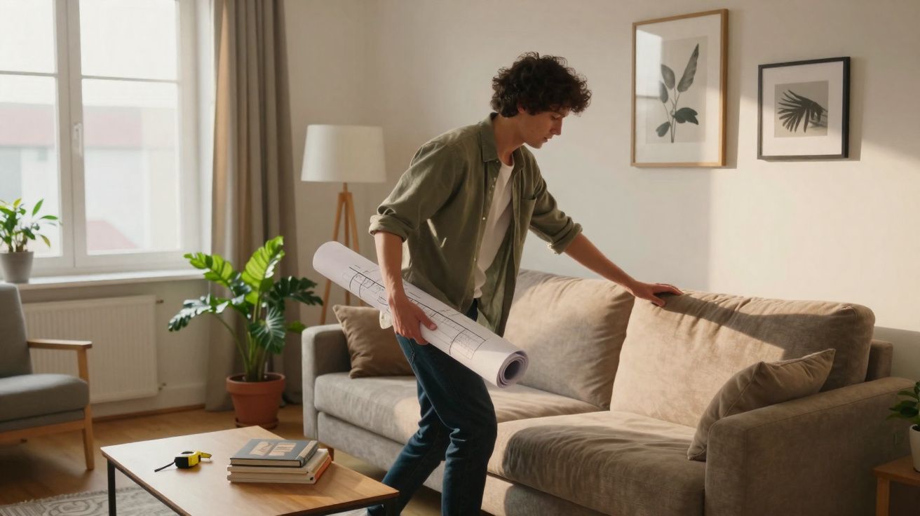 Homem jovem com planta rolada a examinar sofá numa sala de estar moderna e iluminada.