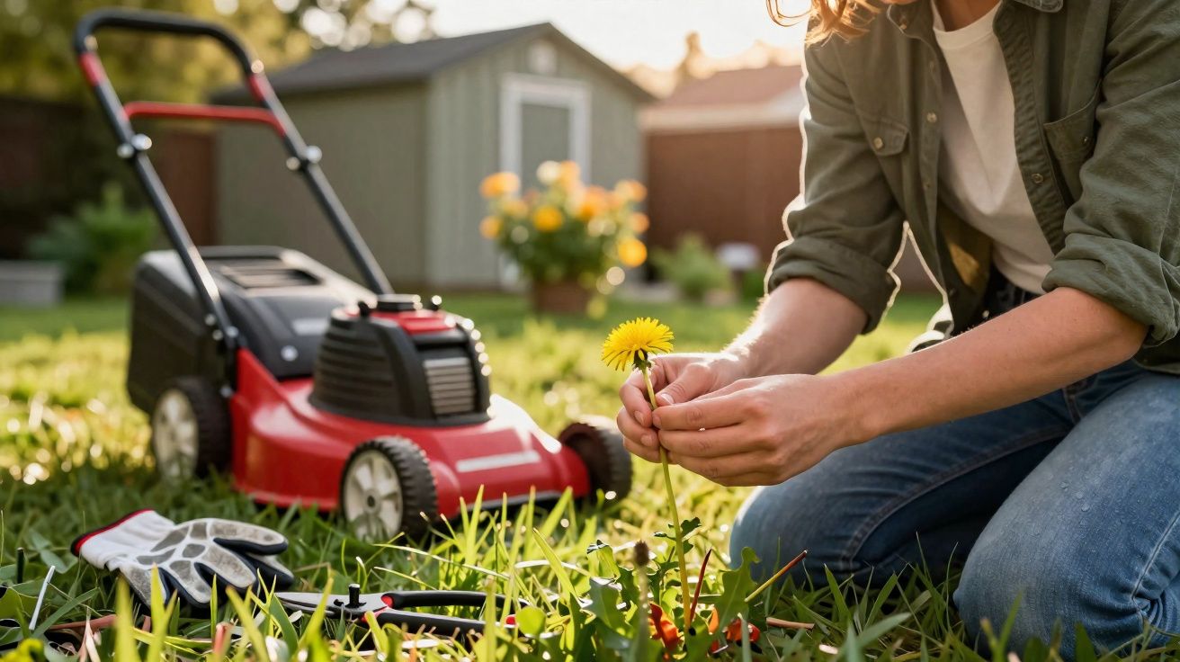 Pessoa a apanhar dente-de-leão num jardim com corta-relva e luvas no chão.