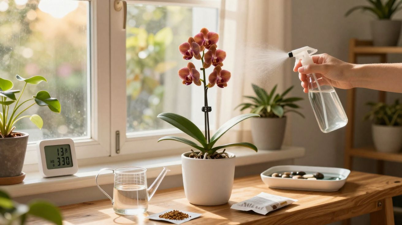 Mão a borrifar orquídea em vaso branco numa mesa de madeira perto de janela com outras plantas.