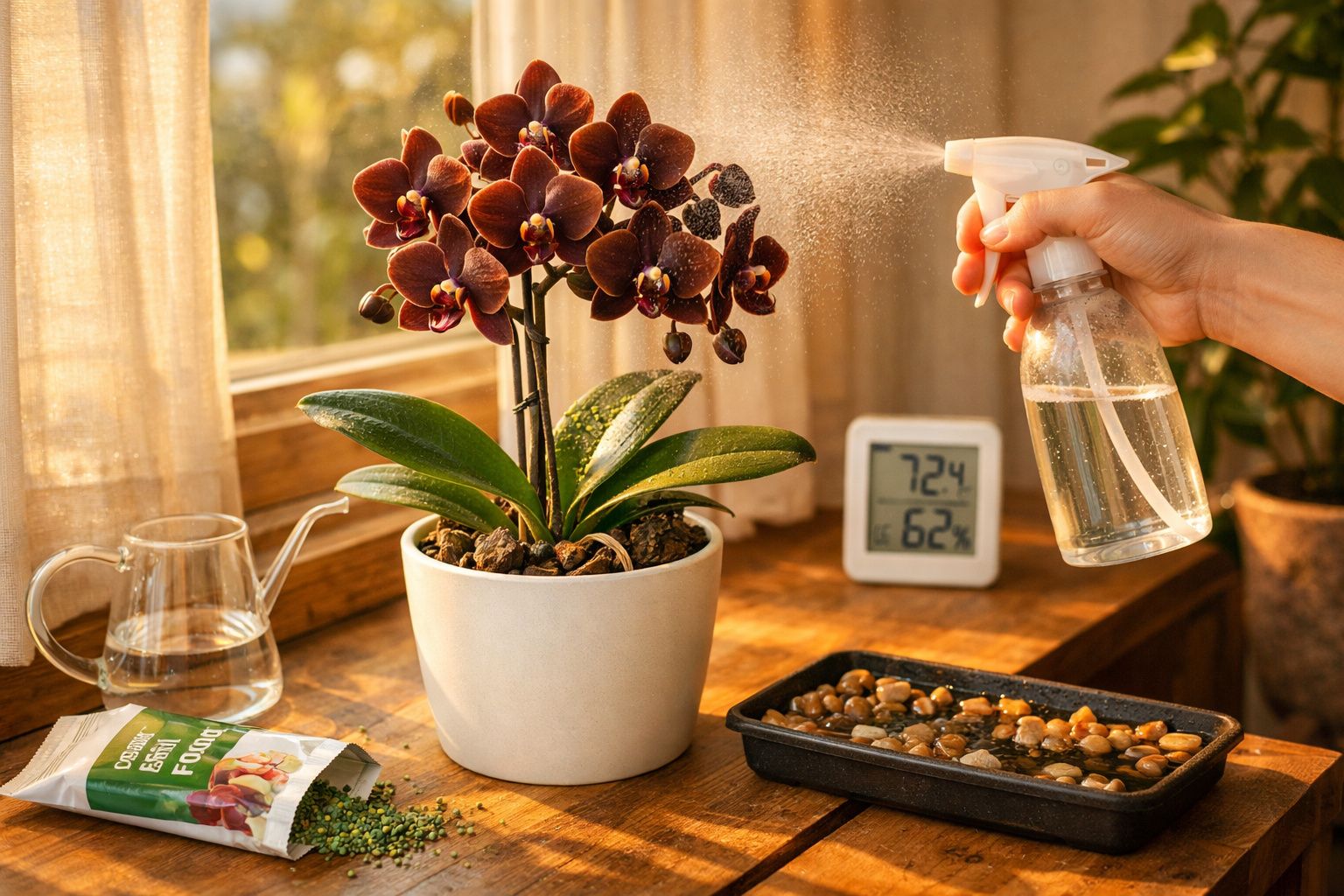 Pessoa a borrifar água numa orquídea de flores roxas num vaso branco numa mesa com luz natural.