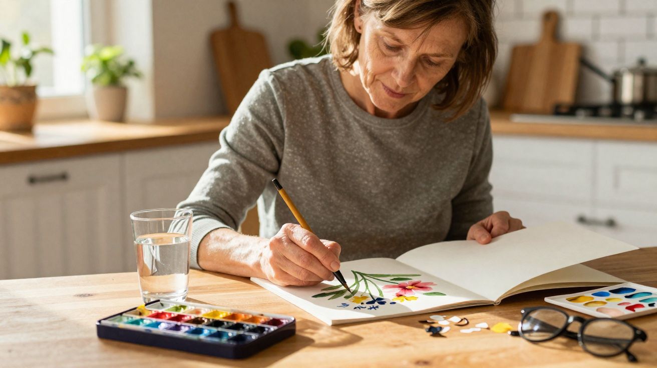 Mulher pinta flores coloridas com aguarela num caderno, sentada à mesa numa cozinha iluminada.