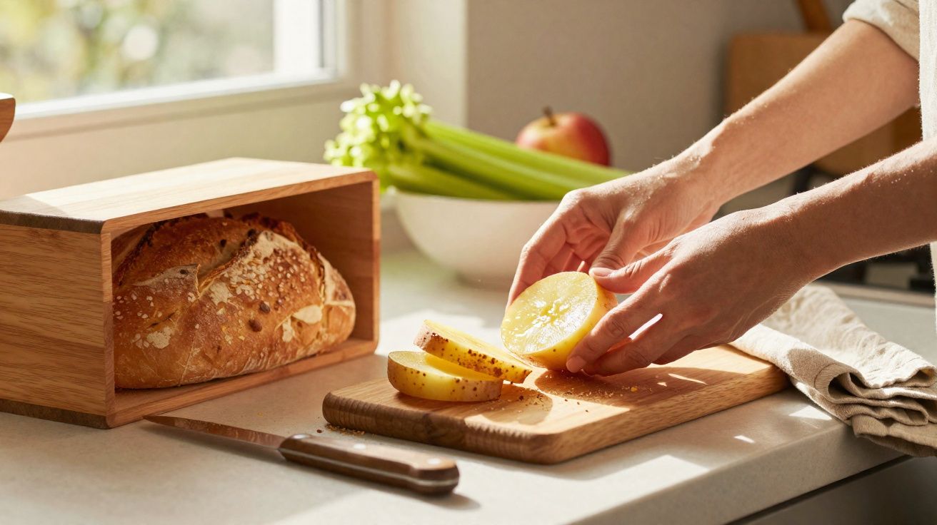 Mãos a preparar fatias de limão numa tábua de madeira, com pão, aipo e maçã ao fundo na cozinha.