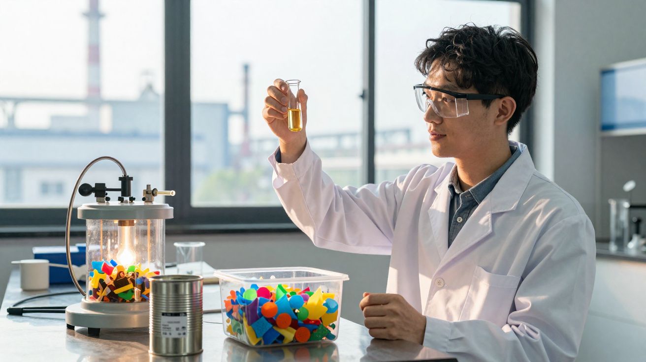 Cientista em laboratório segura tubo com líquido amarelo, rodeado de peças coloridas de plástico e equipamento.