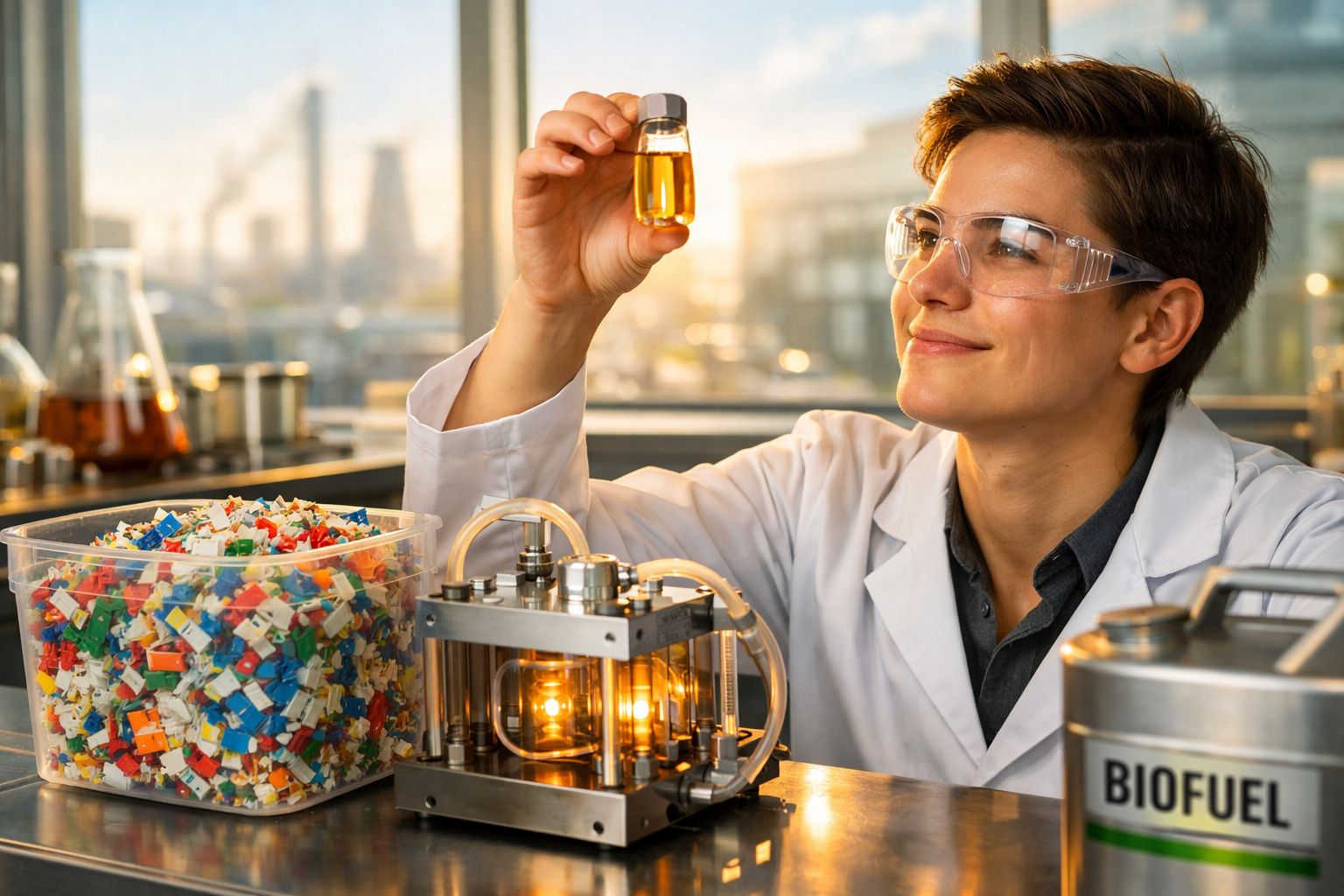 Cientista a analisar um frasco com líquido amarelo num laboratório de biocombustíveis com peças coloridas e equipamento.