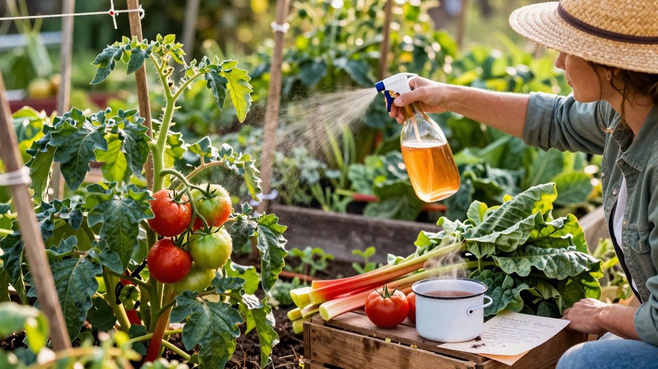 Pessoa a pulverizar plantas de tomate num jardim com tomates maduros e legumes frescos numa caixa.