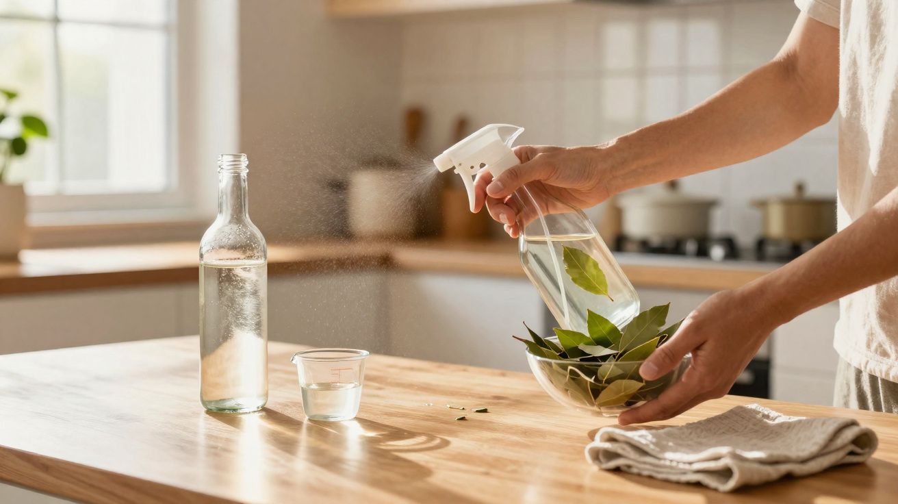 Pessoa borrifando folhas verdes numa tigela transparente numa cozinha iluminada.