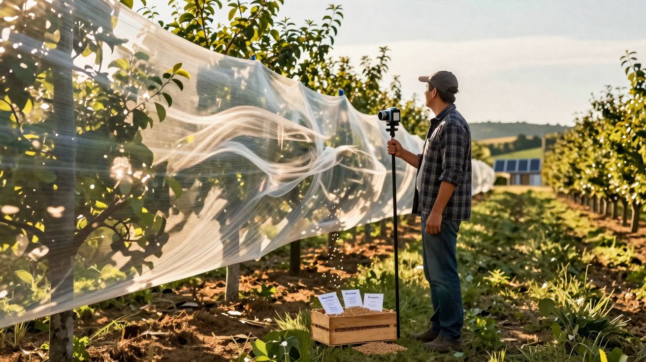 Homem em campo agrícola com rede protetora nas árvores, segurando equipamento para monitorização.