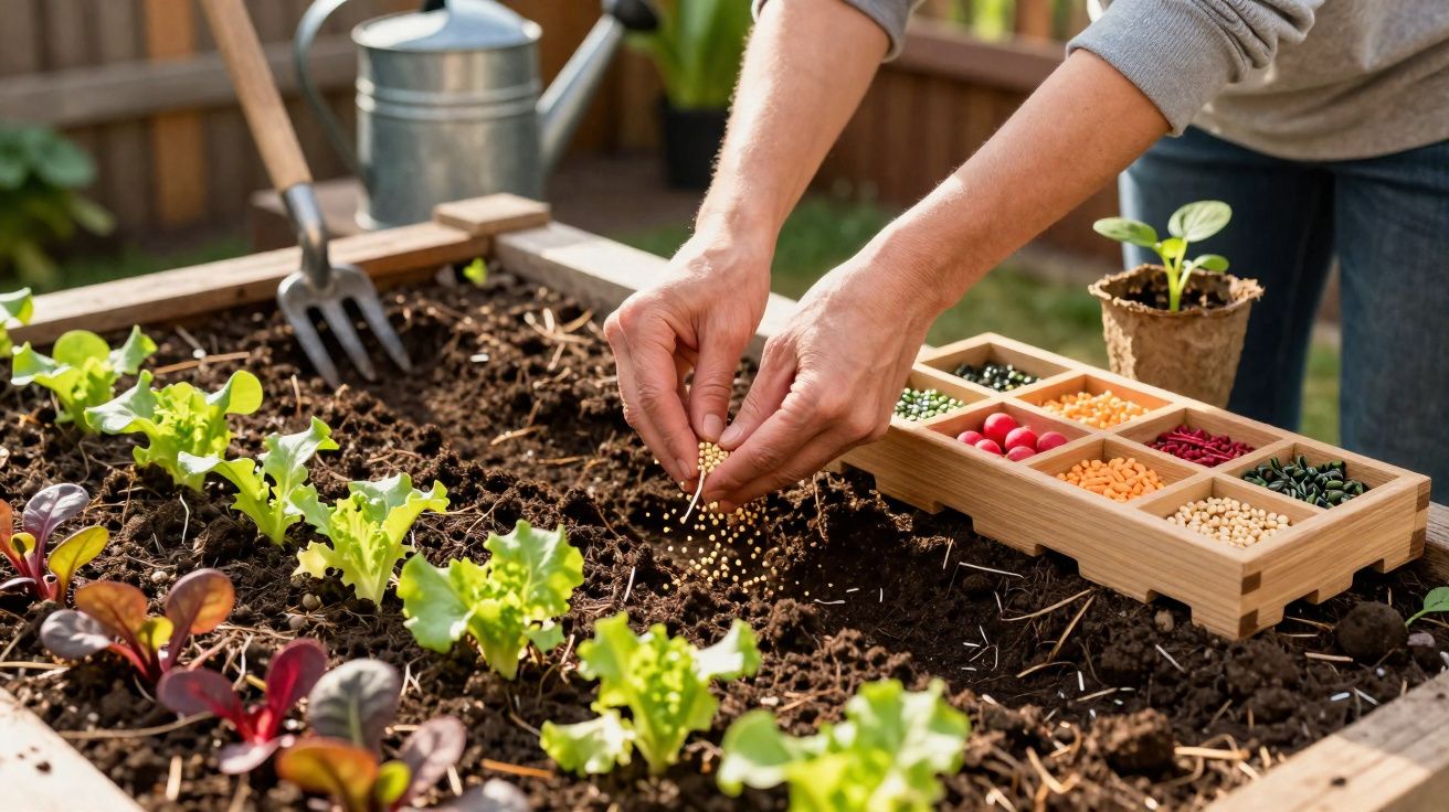 Pessoa a semear sementes em canteiro de terra com plantas jovens e caixa com sementes coloridas.