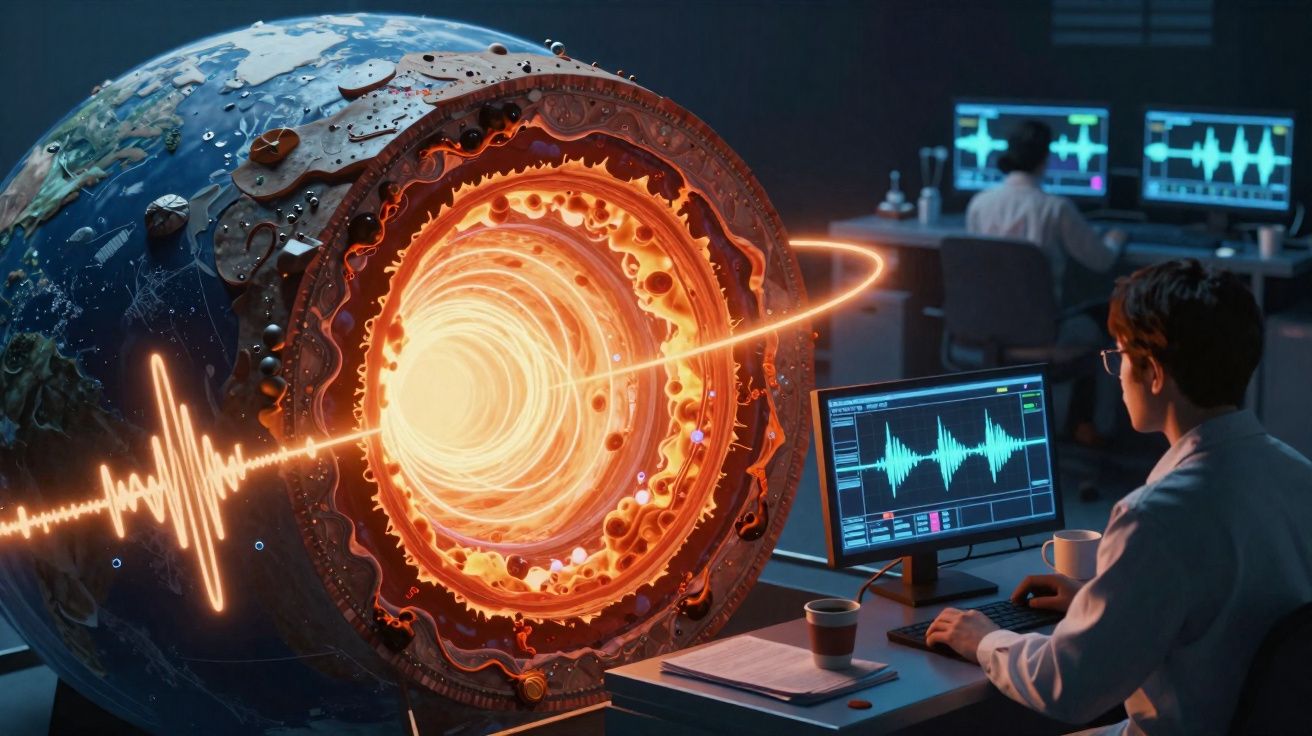 Cientistas analisam dados numa estação futurista com um globo terrestre e um núcleo brilhante em laboratório.