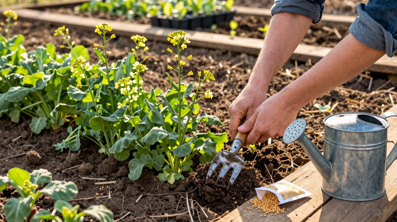 Mãos a cultivar terra num canteiro com plantas verdes e flores amarelas, regador e sementes ao lado.
