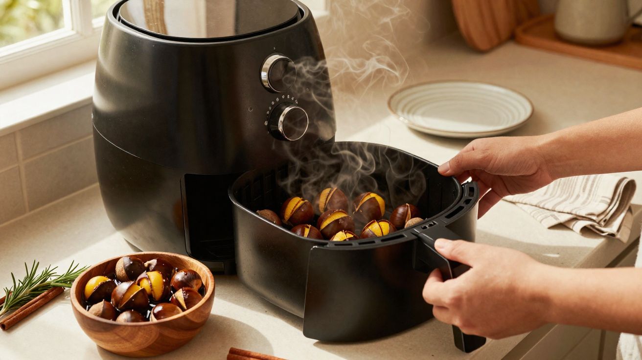 Máquina de ar quente a cozinhar castanhas fumegantes na cozinha, com prato e ingredientes ao lado.