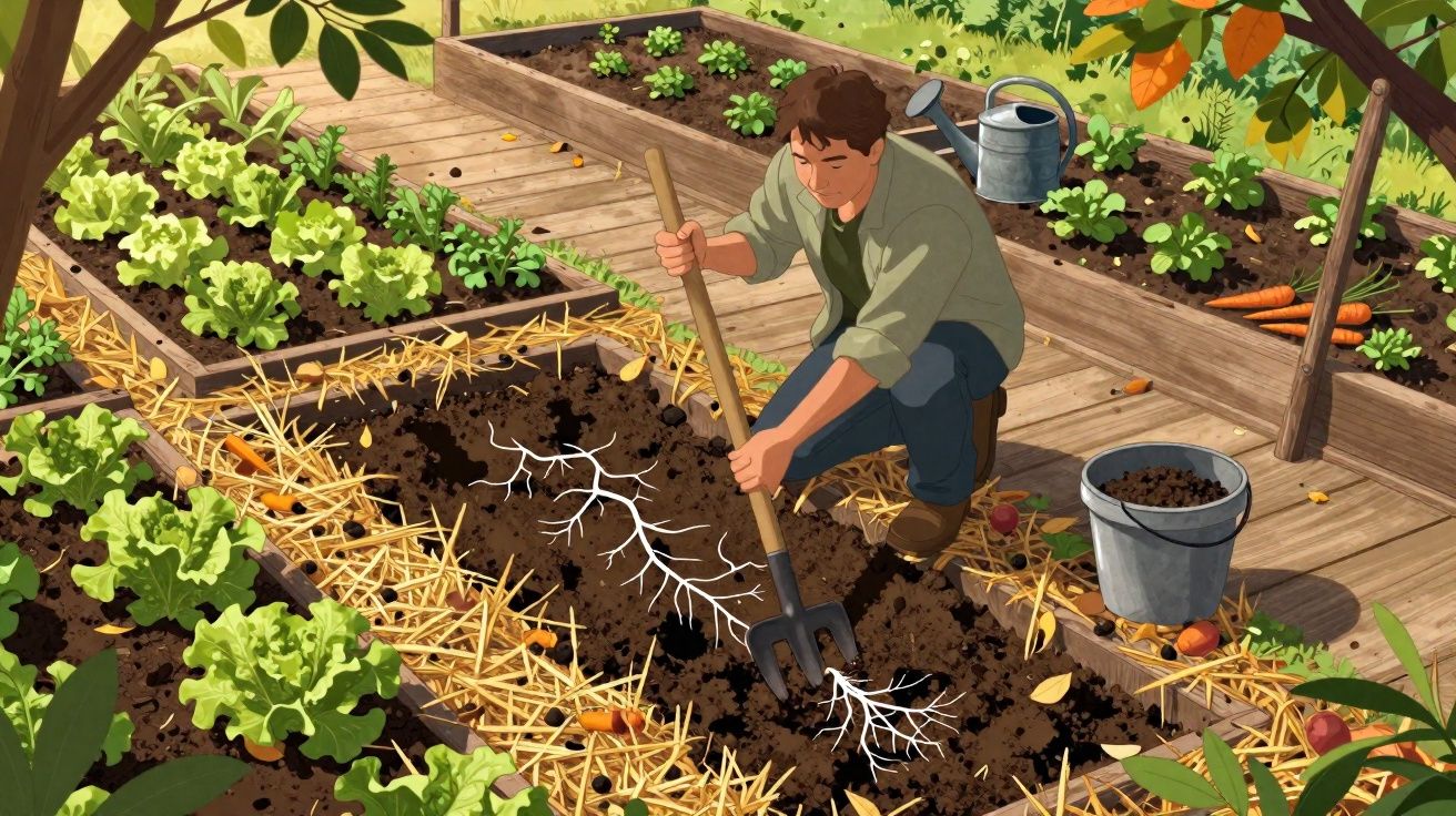 Homem a cavar terra com uma enxada num jardim com várias plantas hortícolas em canteiros elevados.