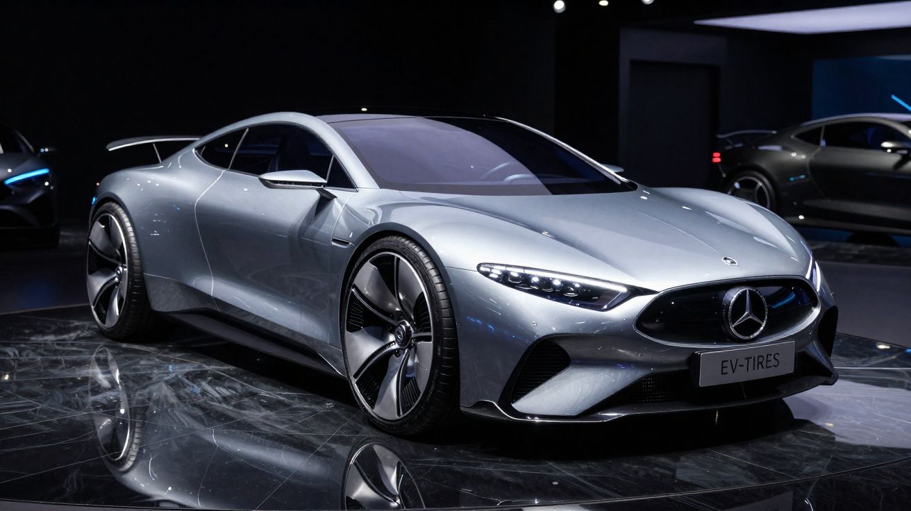 Carro desportivo elétrico prateado Mercedes-Benz em exposição com design aerodinâmico e rodas futuristas.