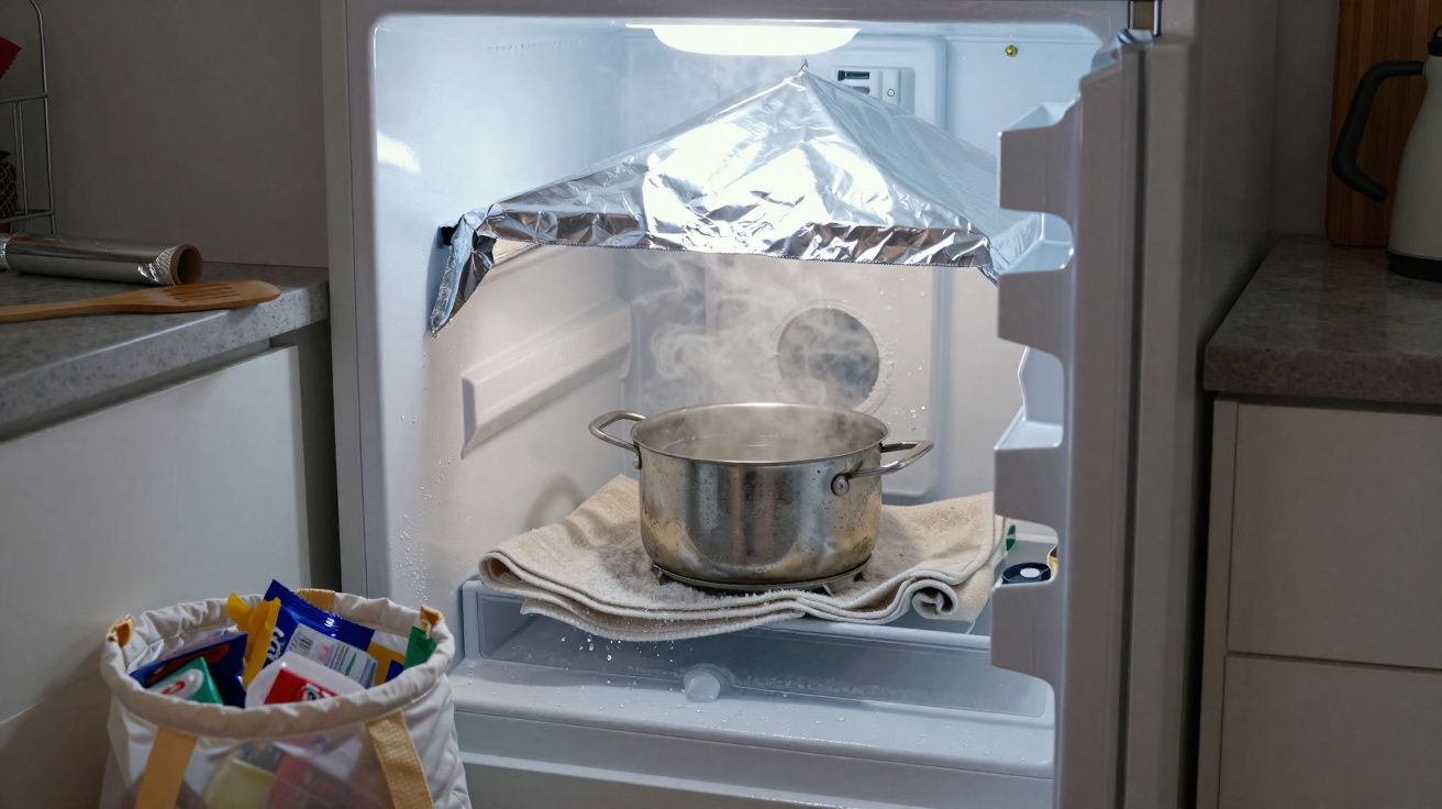 Tacho a ferver dentro de um frigorífico aberto com uma toalha e um invólucro de papel alumínio suspenso acima.