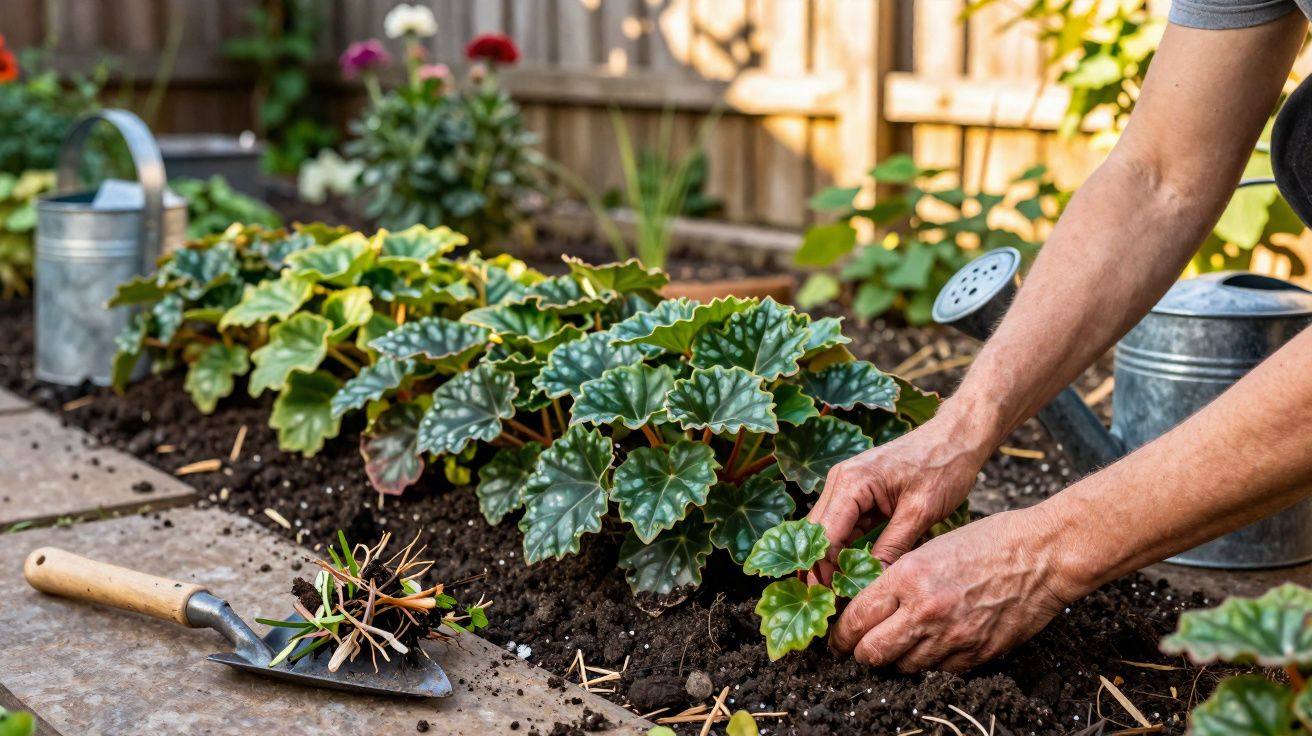Pessoa a cuidar de plantas verdes num canteiro de jardim com ferramentas e regadores visíveis.