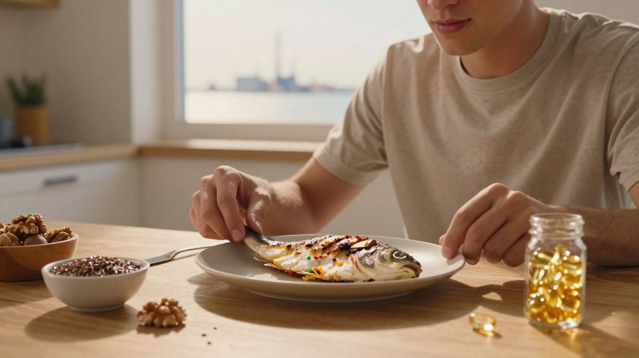 Pessoa sentada à mesa pronta para comer um peixe grelhado com sementes e nozes ao lado.