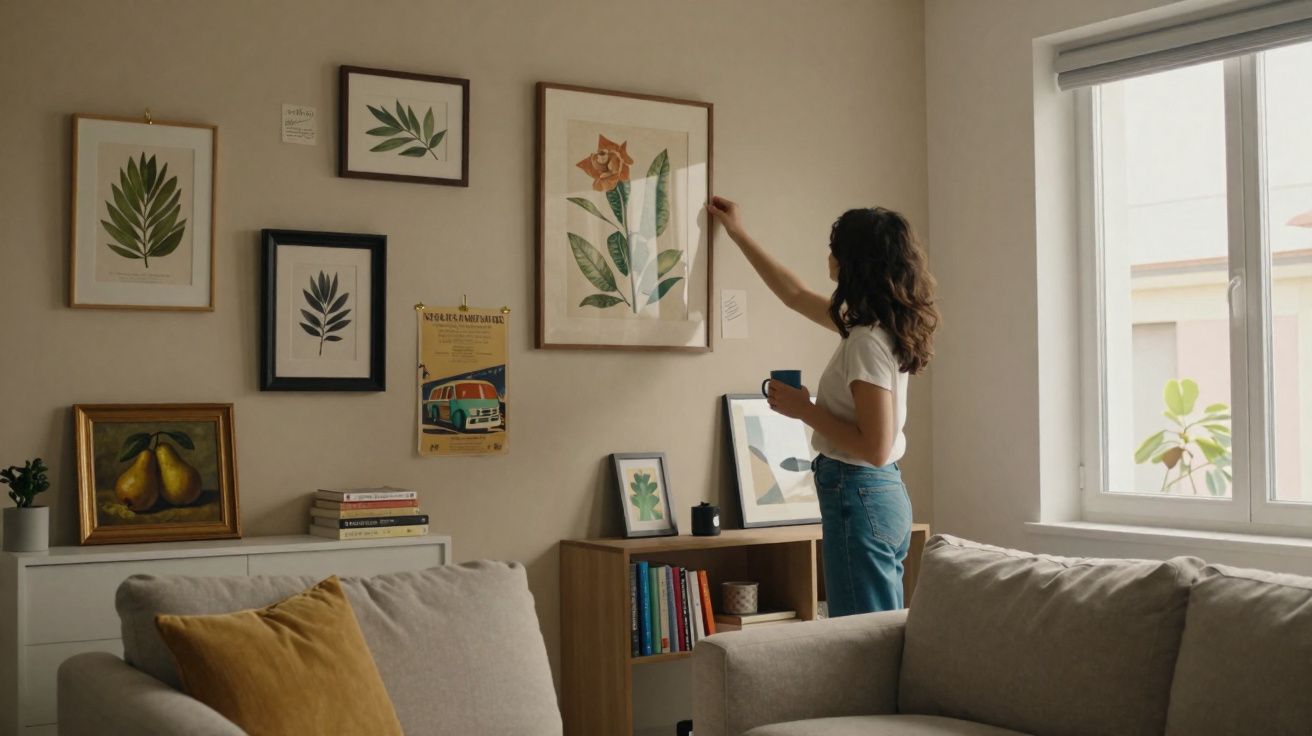 Mulher a segurar chávena a pendurar quadro de flor numa parede decorada com pinturas de plantas.