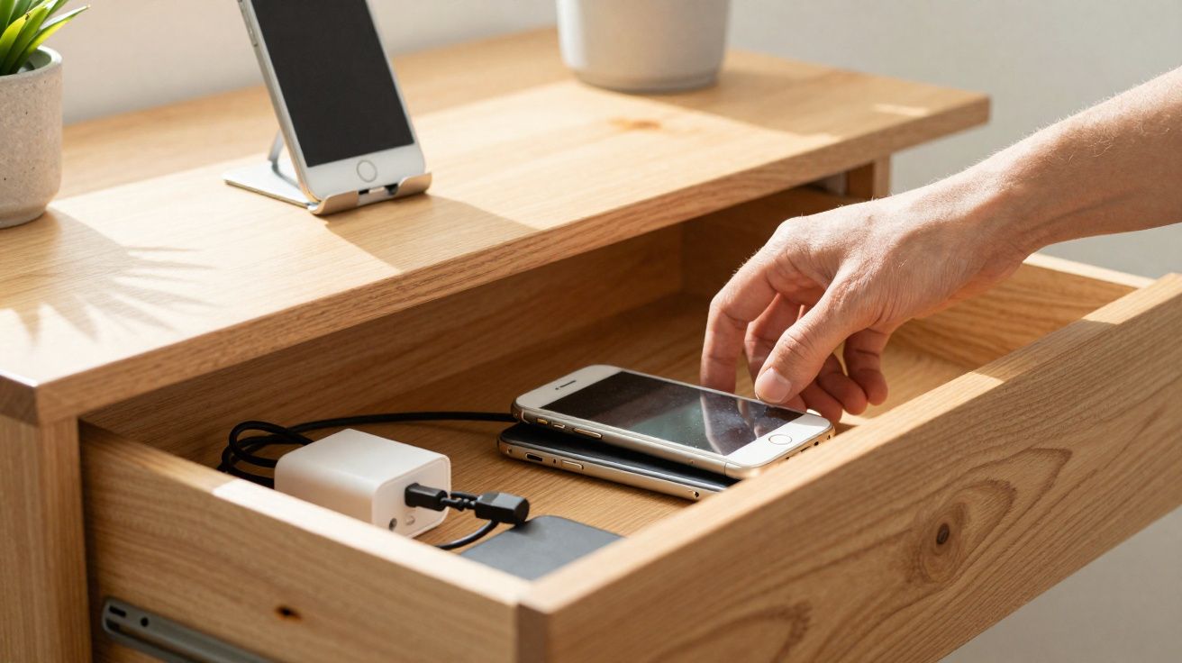Mão a pegar smartphone numa gaveta de madeira com outro telemóvel, carregador e cabos.