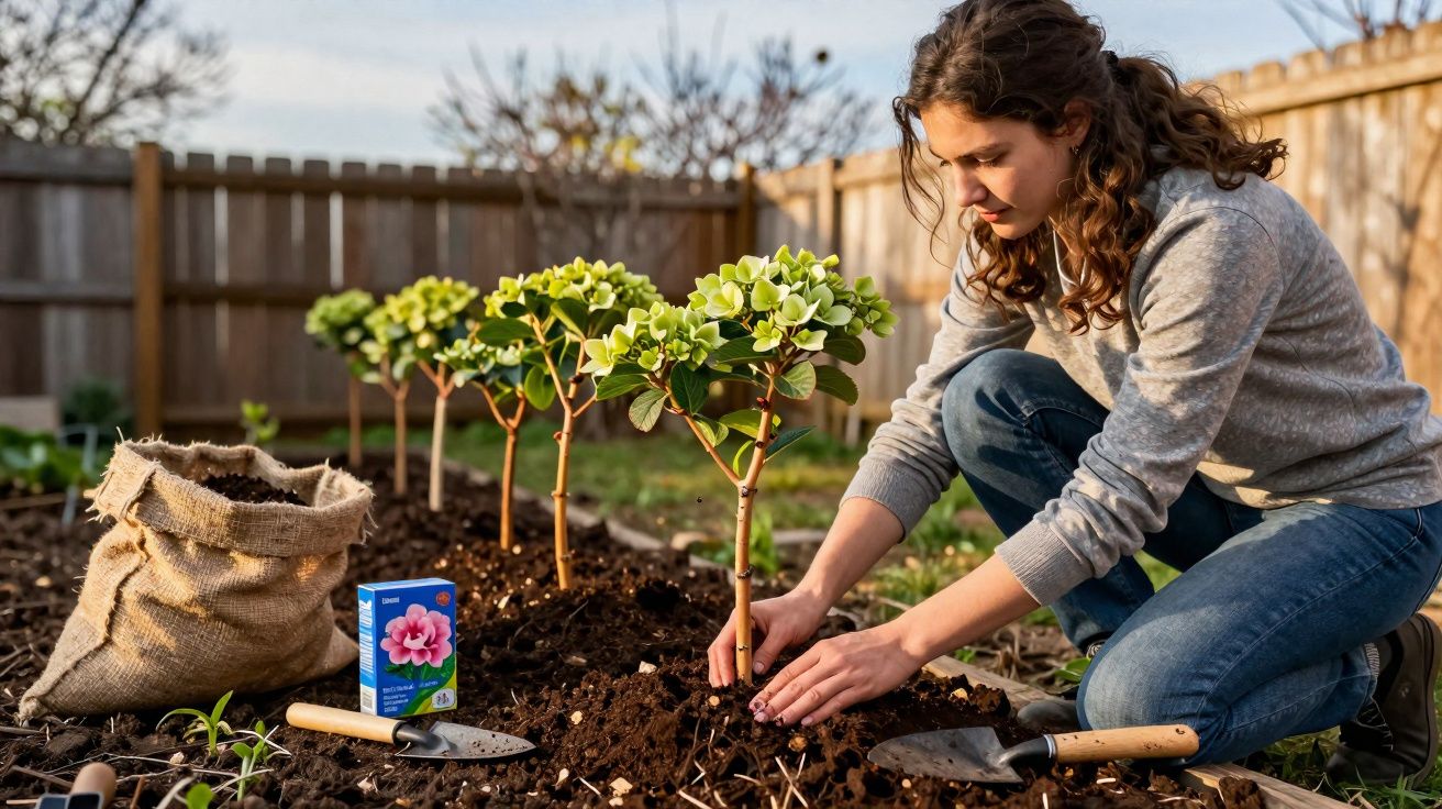 Mulher a plantar pequenas árvores num jardim com ferramentas e saco de terra ao lado, ao ar livre.