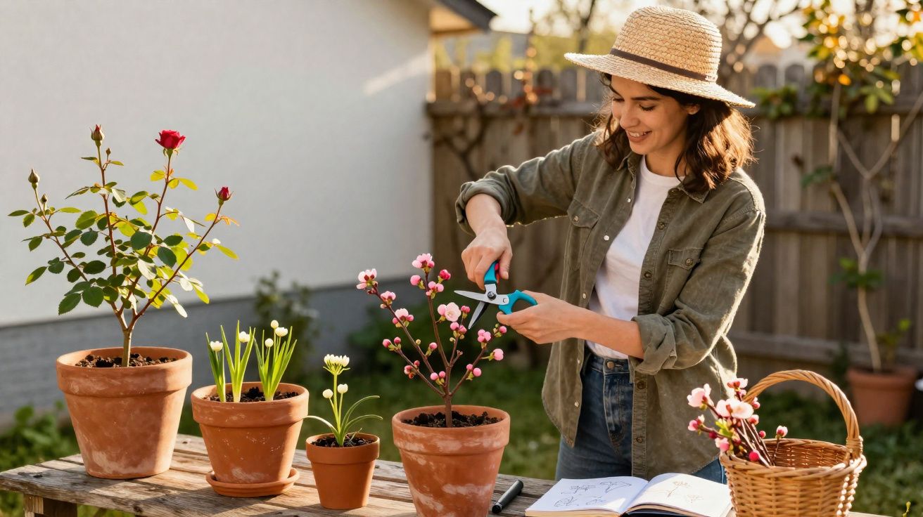 Mulher com chapéu a podar flores cor-de-rosa em vasos de terracota numa mesa de madeira no jardim.