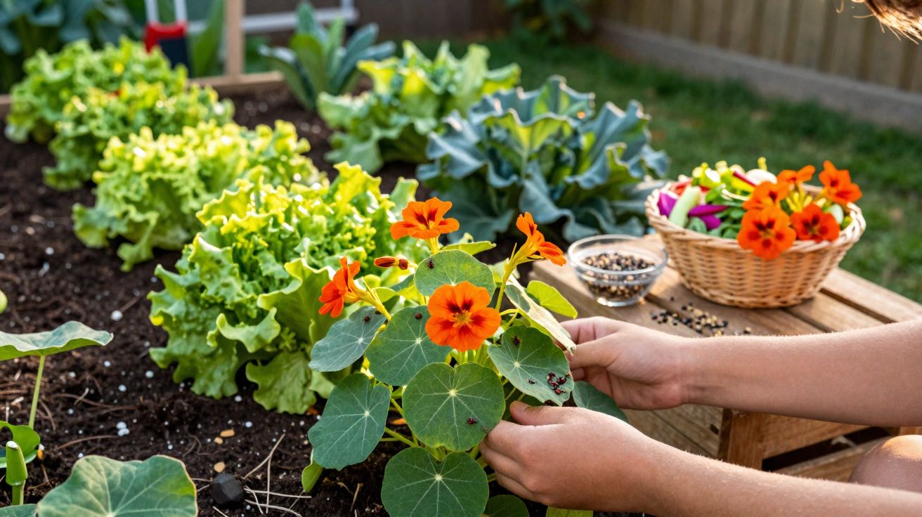 Pessoa a colher flores e legumes num jardim urbano com alfaces e manjericos.