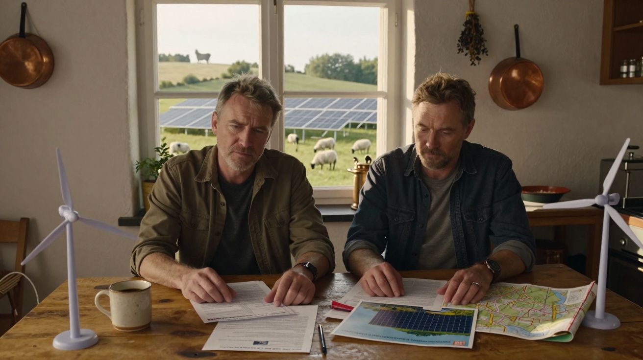 Dois homens a analisar documentos e mapas numa sala com modelos de turbinas eólicas e painéis solares visíveis pela janela.