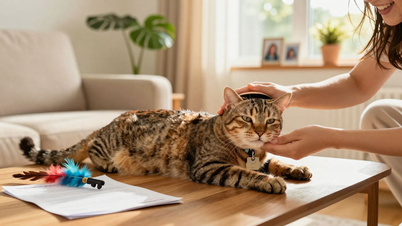 Gato malhado a ser escovado numa mesa de madeira, com um brinquedo de penas coloridas e papel ao lado.