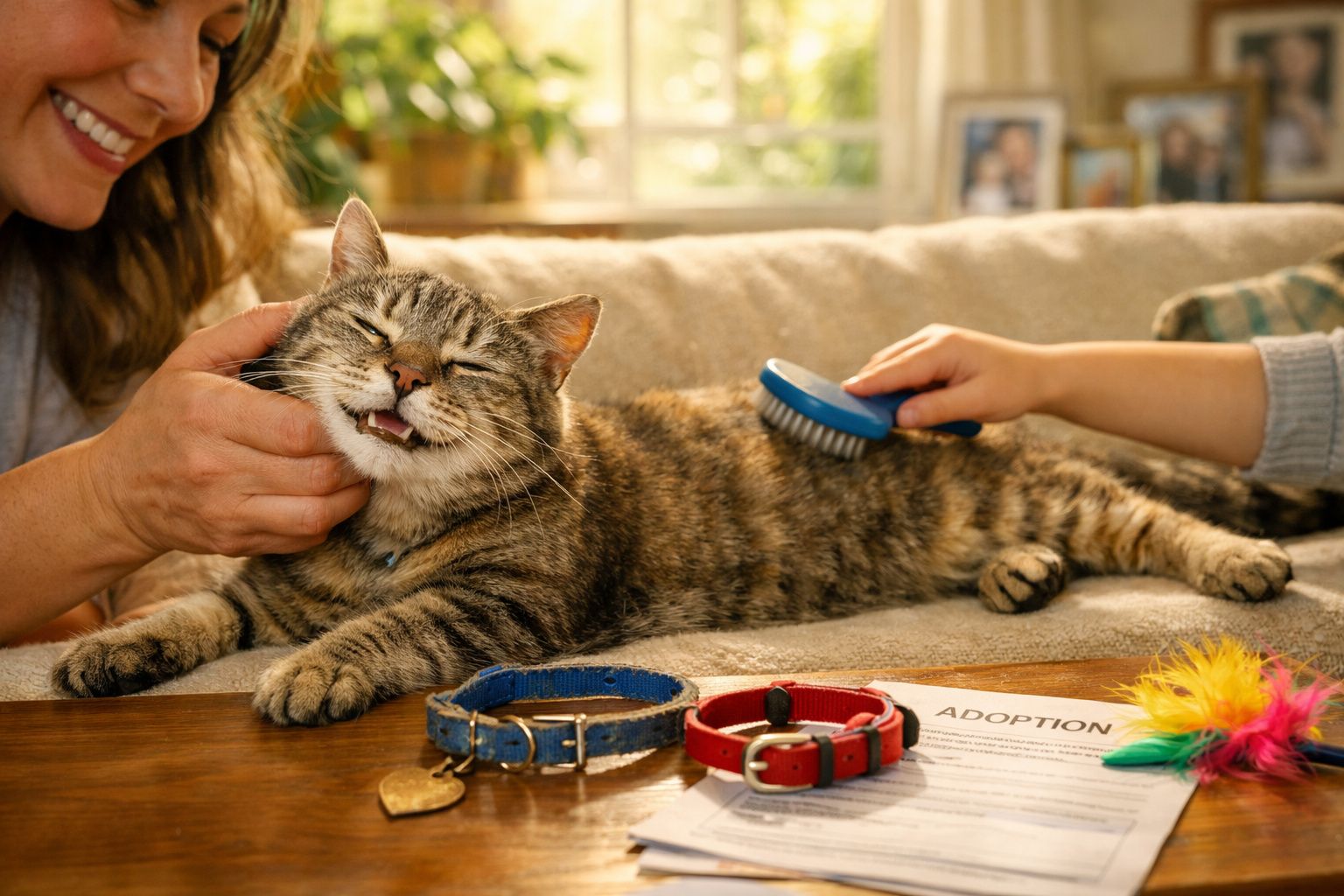 Gato listrado feliz a ser afeiçoado e escovado por duas pessoas num sofá com coleiras e documento de adoção à frente.