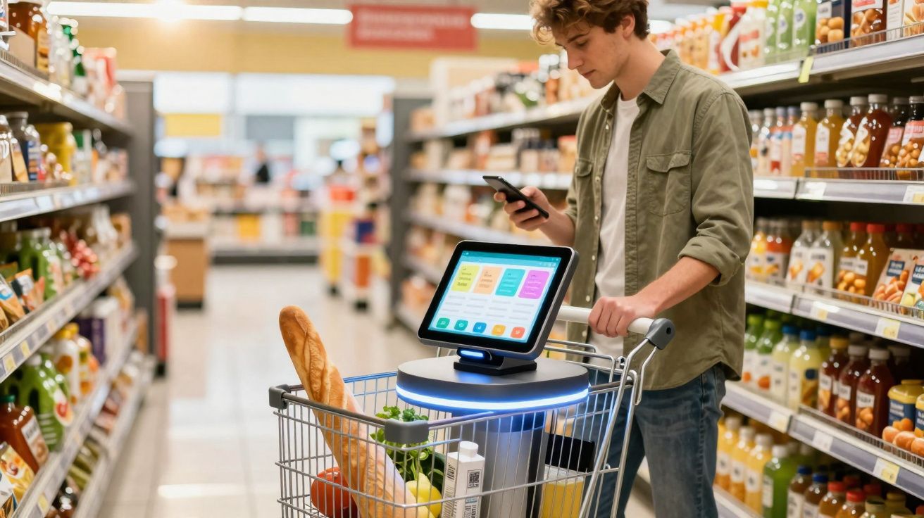 Jovem no supermercado a usar telemóvel com carrinho tecnológico com ecrã e alimentos.