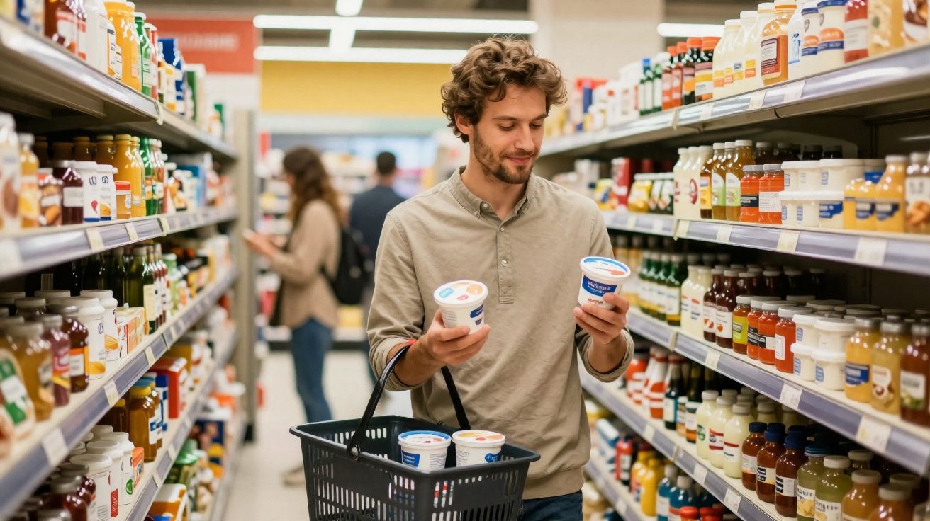 Homem com cesto de compras examina iogurtes numa prateleira num supermercado bem iluminado.