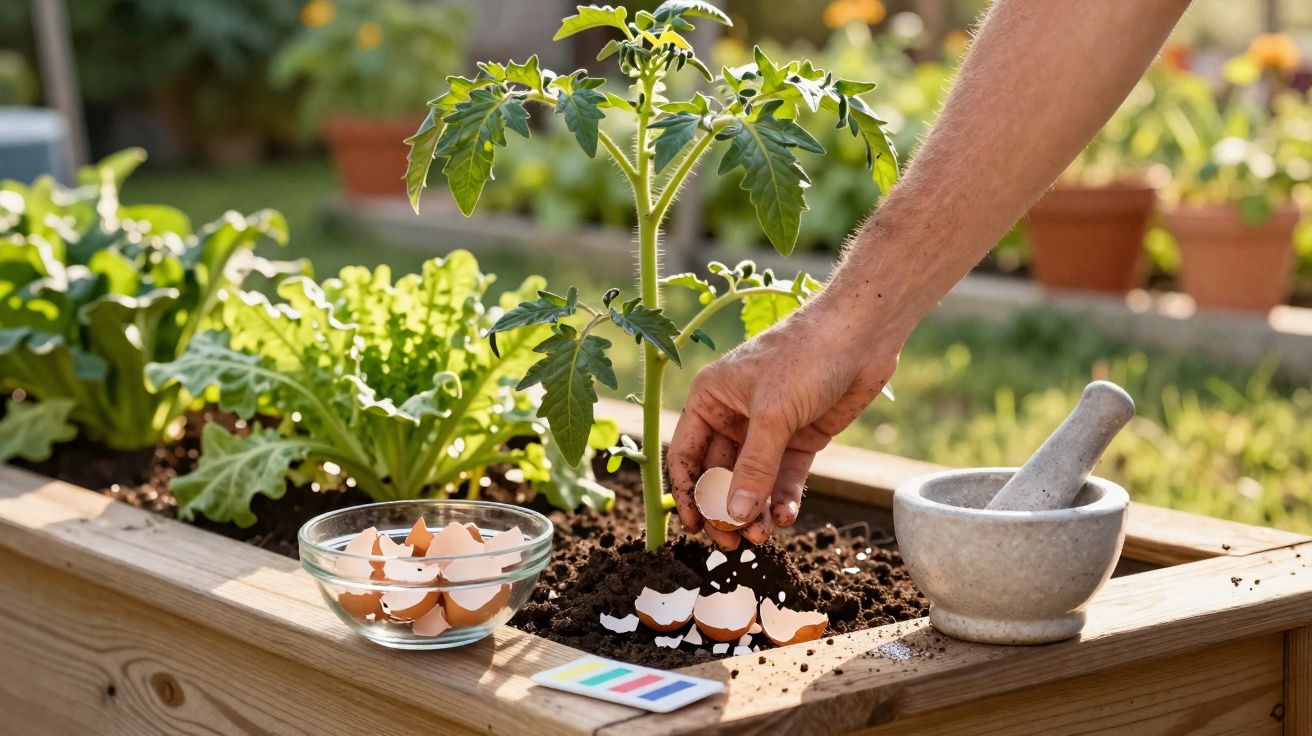 Pessoa a colocar cascas de ovo em terra de canteiro hortícola com planta de tomateiro.