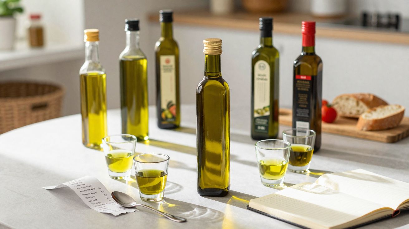 Bottles e copos de azeite sobre mesa branca com caderno aberto, talheres e pão ao fundo numa cozinha.