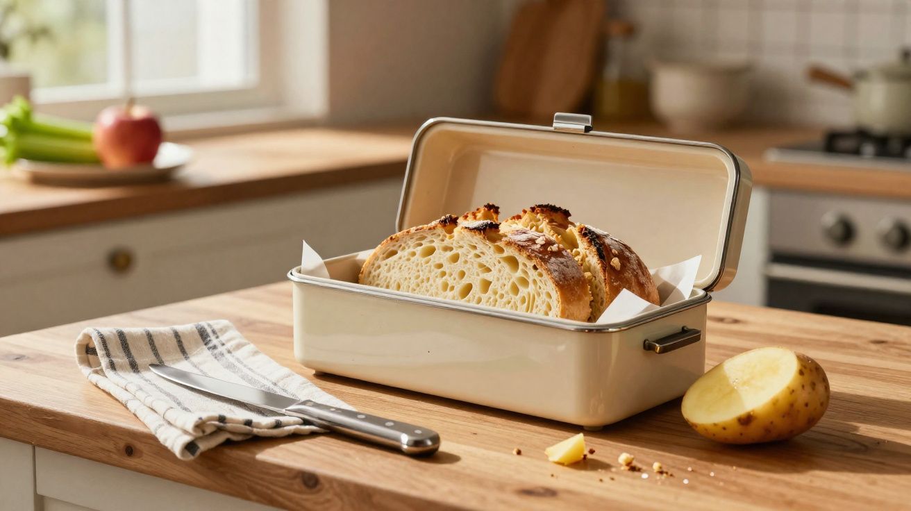 Pão fatiado dentro de caixa metálica aberta sobre bancada de madeira, com batata cortada e faca ao lado.