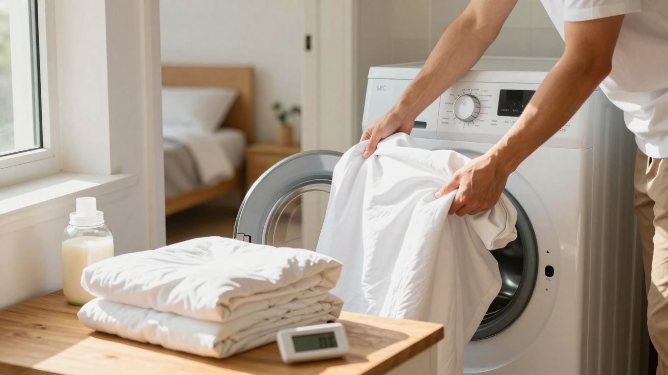 Pessoa a colocar roupa branca numa máquina de lavar roupa numa divisão bem iluminada.