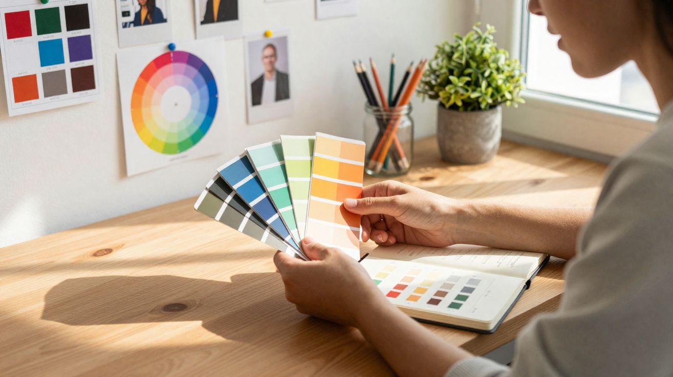 Pessoa a escolher cores numa tabela de amostras sobre espaço de trabalho iluminado por luz natural.